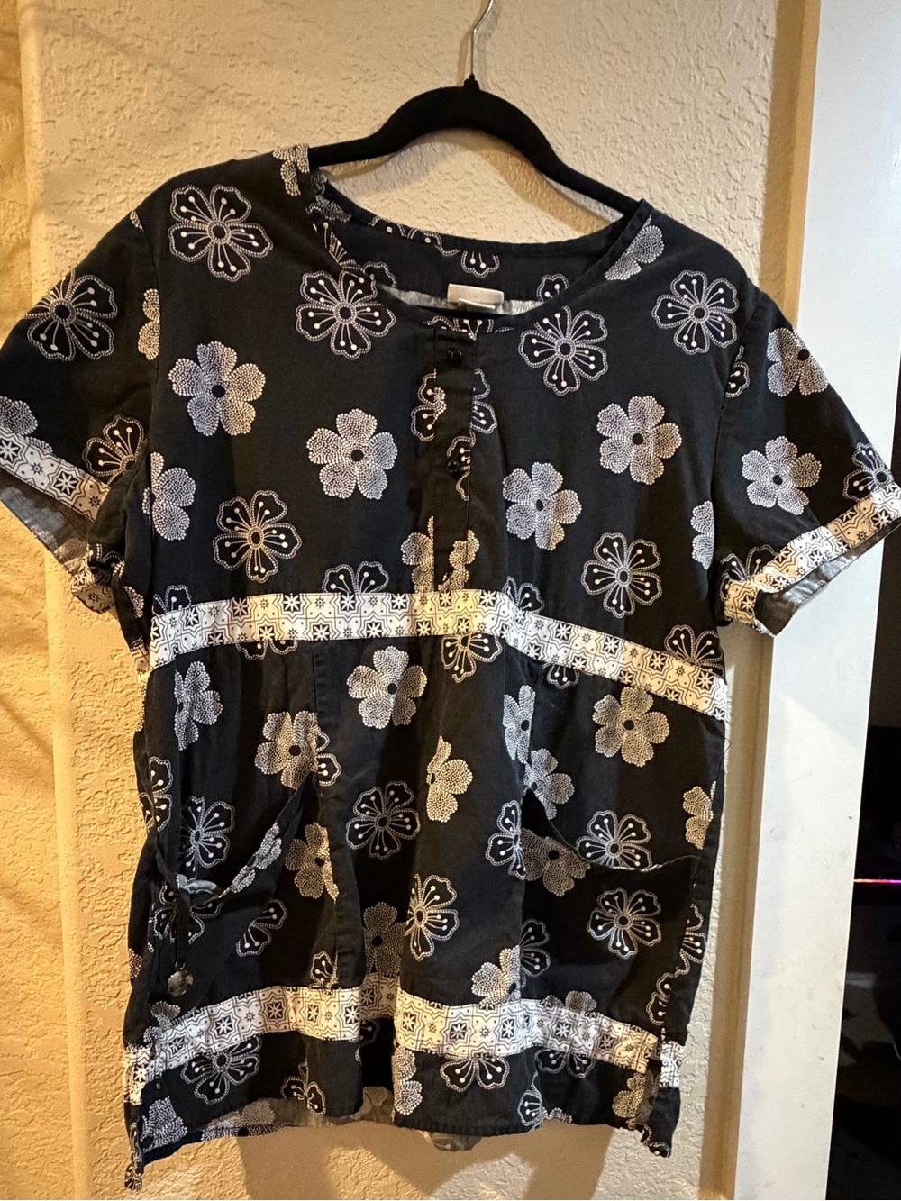 Laura Ashley Black Floral Tunic Scrub Top with White Trim